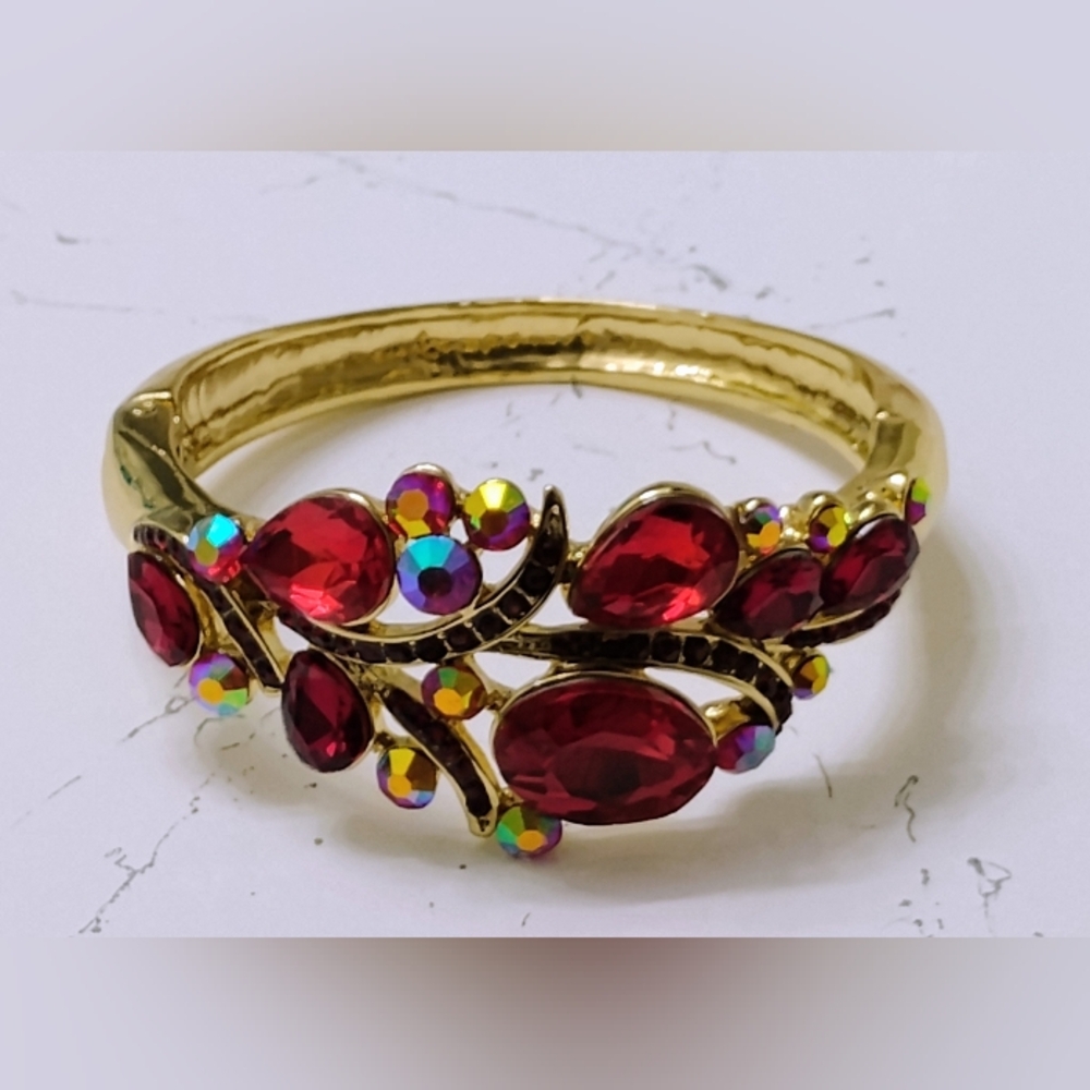 Ruby Red Brazilian Clamper AB Rhinestone Bracelet Sz 6.5–7.5 inches